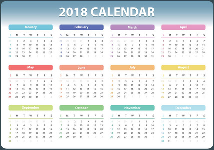 2018 日历开始周日，矢量日历设计 2018 年