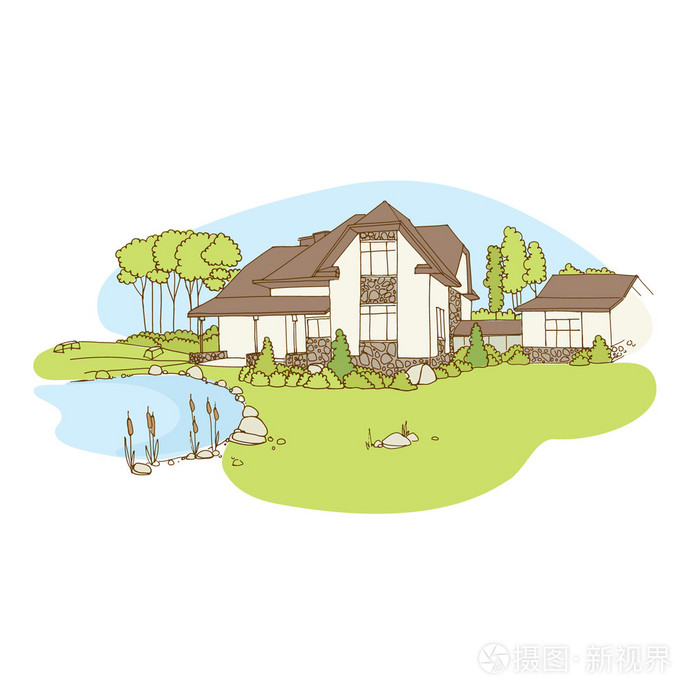 有池塘和草坪的乡村房子. 矢量插图