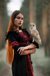 女孩在森林中与猫头鹰在手的肖像。特写
