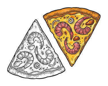 切披萨海鲜。复古矢量版画插图海报 菜单 框