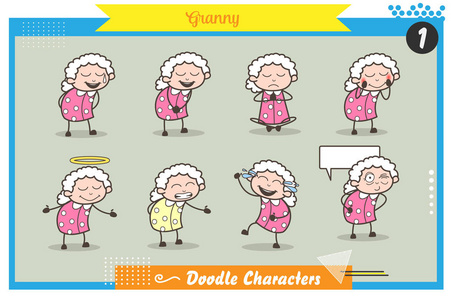 卡通奶奶性格各种表达式矢量集