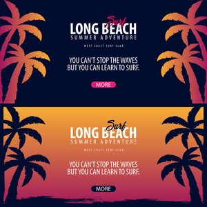长滩冲浪图形与棕榈树。冲浪俱乐部矢量旗帜