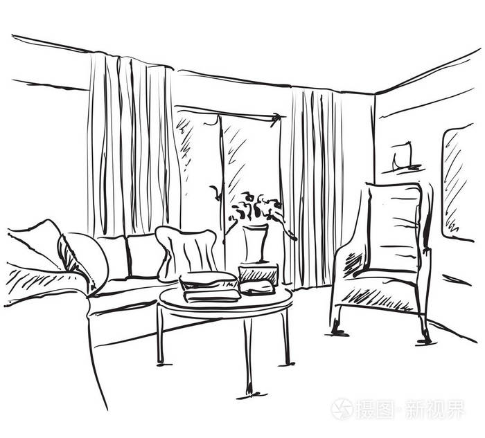 现代室内的素描.手绘图家具