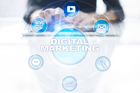 数字营销技术的概念。互联网。在线。Seo。广告 Smm。插画