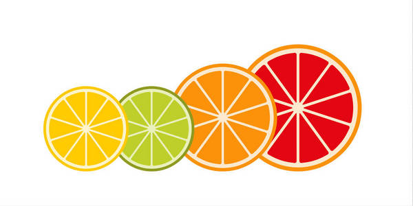 收集的柑橘片 葡萄柚 石灰 柠檬和桔子 水果图标集 矢量图