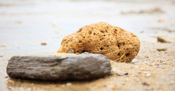 在海边的沙滩上的石头