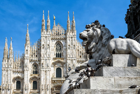 一只狮子在米兰大教堂前的雕塑