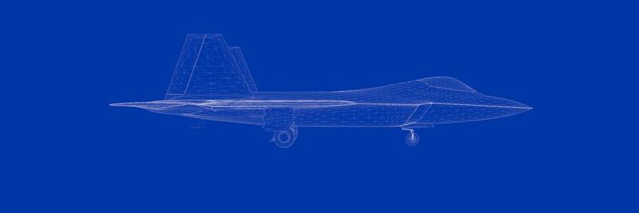 3d 渲染的蓝色背景蓝图上的战斗喷气式飞机