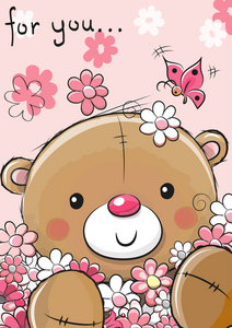 可爱泰迪熊与花朵
