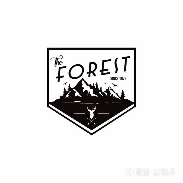 森林,登山探险,鹿猎人黑色和白色徽章矢量标志