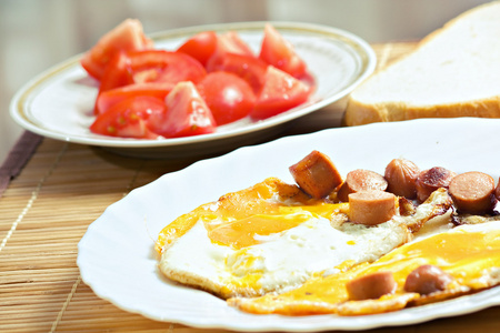 早餐包括鸡蛋香肠面包和番茄