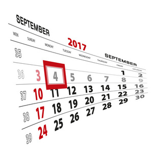 9 月 4 日，在 2017年日历上突出显示。周从星期日开始