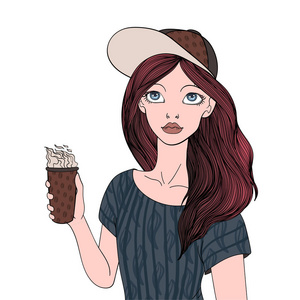 一个小女孩拿着一杯咖啡。矢量肖像插画，白色背景上孤立