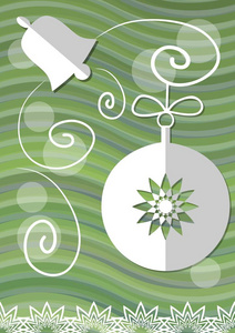 圣诞装饰用纸削减圣诞符号绿色波浪背景 圣诞球 钟