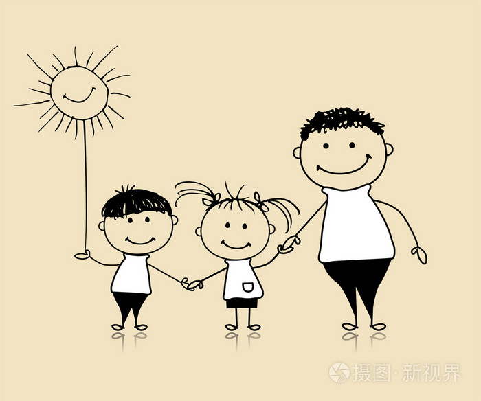 幸福的一家人笑着爸爸和孩子们画素描