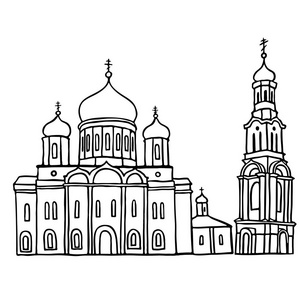 黑色的钢笔剪影的俄罗斯东正教教会与钟楼，罗斯托夫 俄罗斯。白色背景上的矢量图