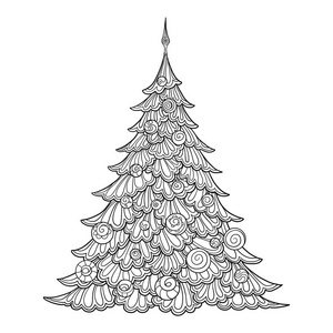 圣诞树。轮廓图的绘制。好的着色为成人着色书页