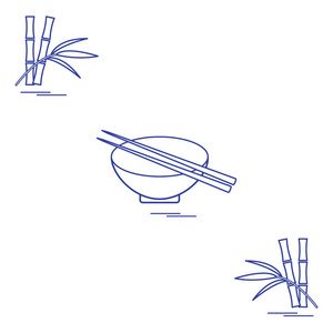 程式化图标，用筷子和竹碗。亚洲食品 res