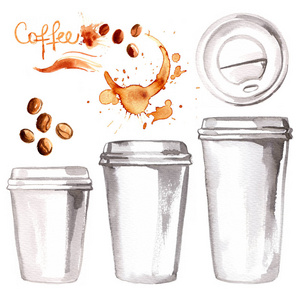 咖啡去了一个纸杯, 用水彩涂上白色的背景。食物颜色剪影。快餐, 咖啡, 茶, 早餐
