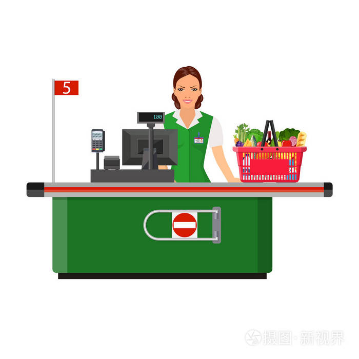 女收银员微笑买方在收银台附近插画-正版商用图片01oixc-摄图新视界