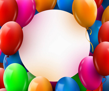 贺卡的圆环框架与许多五颜六色的气球。生日快乐
