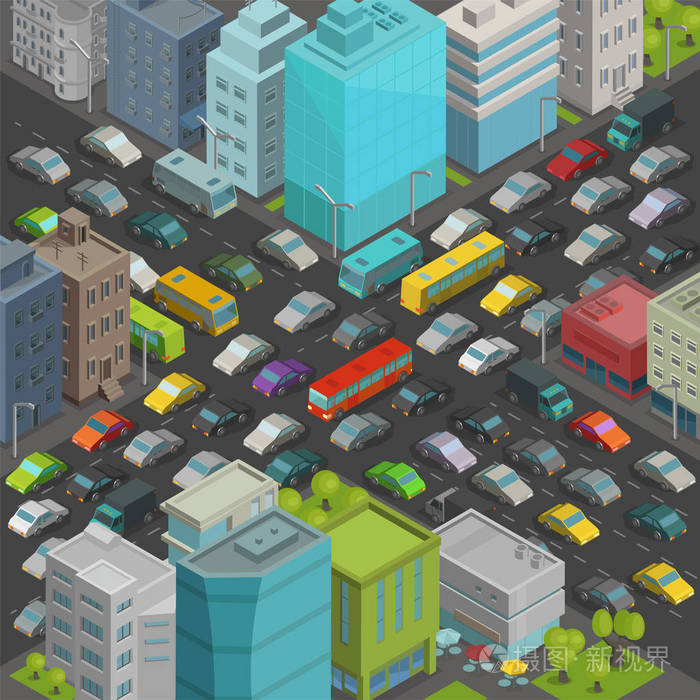 市街交叉口交通拥堵道路等角投影视图.