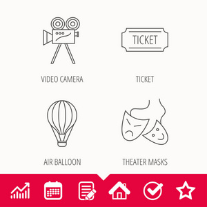 视频摄像机 机票和剧院面具图标