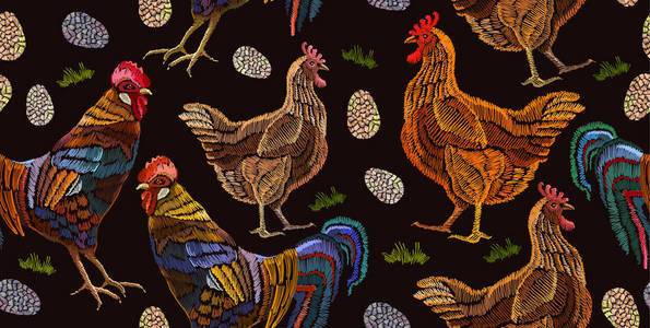 刺绣鸡和公鸡无缝模式时尚模板图片