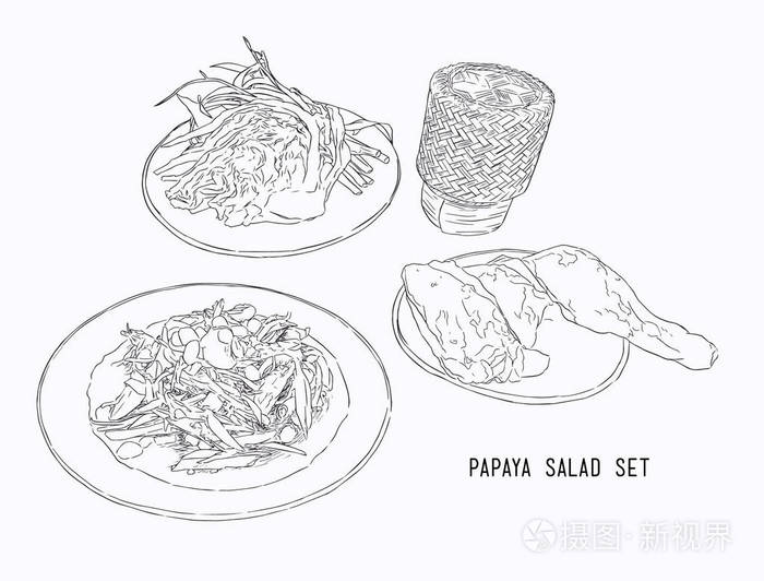 木瓜沙拉或烤的鸡肉与糯米政出多门somtum