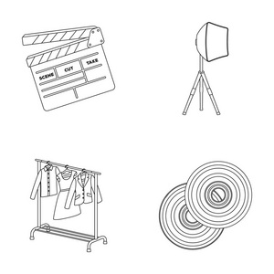 电影 光盘和其他设备的电影院。制作电影在大纲样式矢量符号股票图 web 设置集合图标