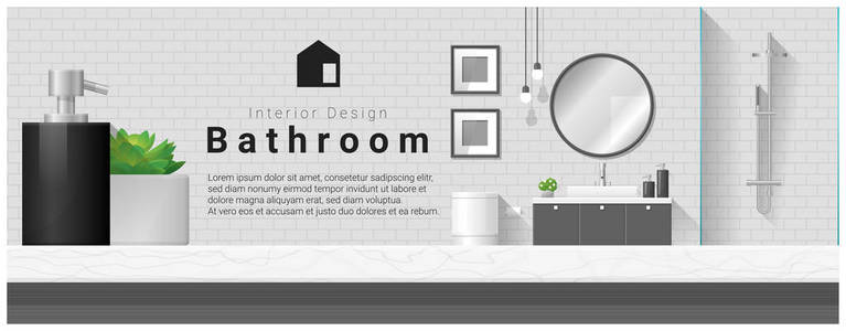 室内设计与表顶部和现代浴室背景 矢量 插图