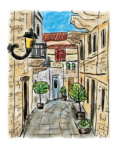 地中海小镇绘画