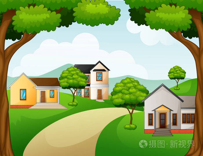 乡村景观的房子与绿色的草坪
