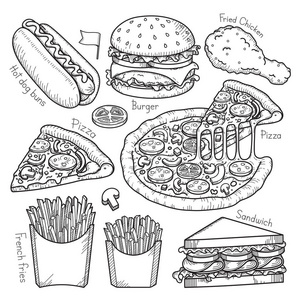 快餐食品涂鸦元素手绘制的样式。矢量插图