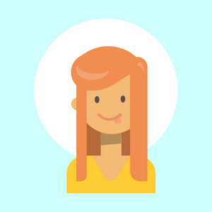 女性显示舌情感配置文件图标，女人卡通肖像快乐微笑的面孔