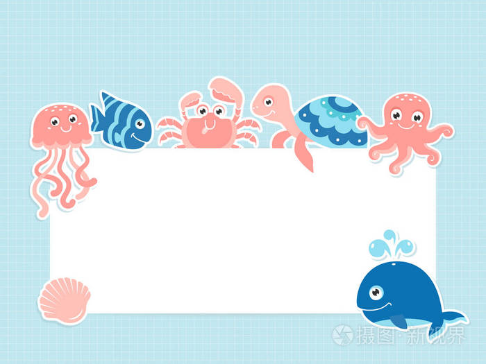 可爱的海洋动物与文本空间的贺卡模板