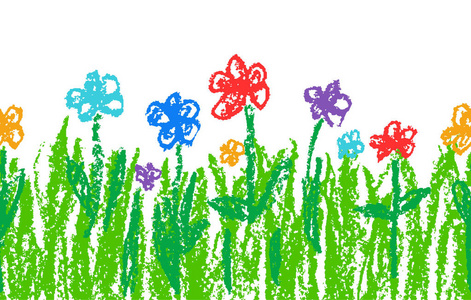 蜡笔像孩子们的手上白色绘制五颜六色的鲜花与绿草。像孩子的画的花一套无缝