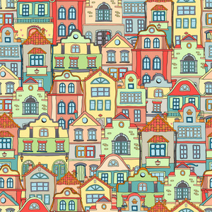 无缝模式与涂鸦彩色斯堪的纳维亚的房子。vect