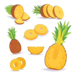 菠萝片孤立的白色背景上的一套。新鲜的天然水果
