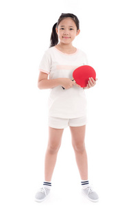 美丽的亚洲女孩打乒乓球在白色背景隔离