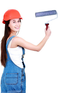 年轻女性生成器 rol 的头盔是穿着工作服的肖像