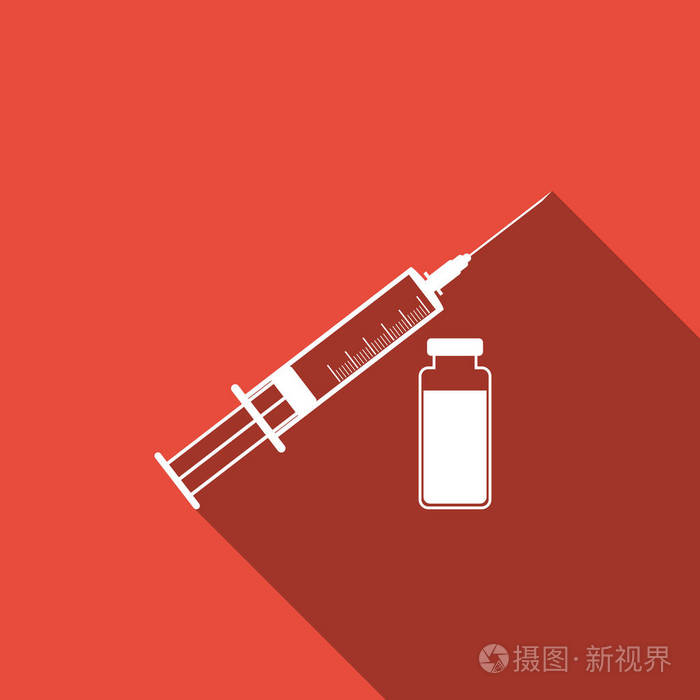 医疗注射器针和小瓶, 概念的疫苗,注射图标孤立与长长