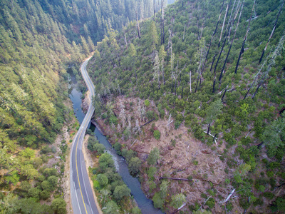 山区公路与山林的鸟瞰图