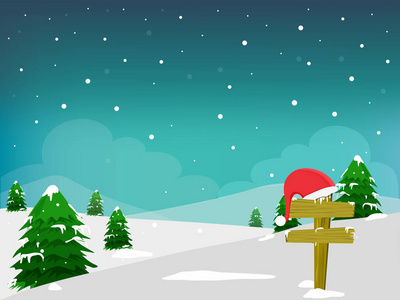 棵圣诞树和圣诞老人的帽子上标示牌，冬天背景