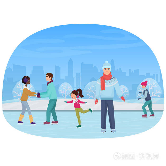 人们在冬天在露天溜冰场溜冰矢量图插画-正版商用图片01z03d-摄图新