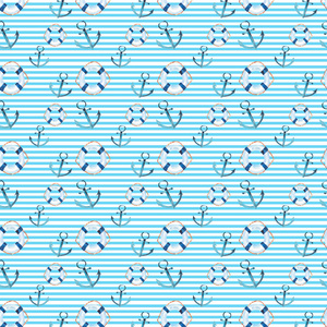 精良的可爱图形可爱美丽奇妙的夏天海新鲜海事巡航多彩救生圈和锚白色蓝色条纹背景图案水彩手绘