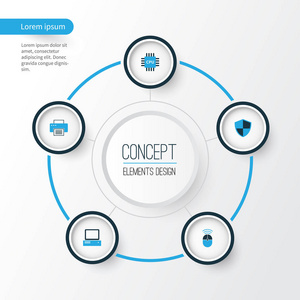 硬件色彩鲜艳的图标集。Pc 微处理器 打印和其他元素的集合。此外包括符号，如个人 鼠标 防火墙