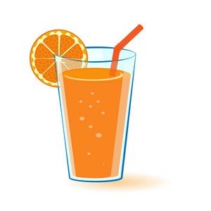 矢量图的一杯橙汁与橙片及一根稻草