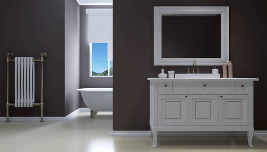 在现代浴室，3d 渲染的独立式浴缸