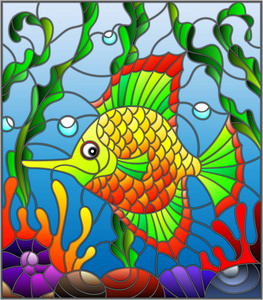 在彩色玻璃风格与抽象五颜六色的异国情调的鱼儿在海藻 珊瑚和贝壳的插图